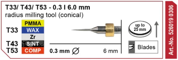 T33/T43/T53 milling tool - 0.3mm | 6mm Shank