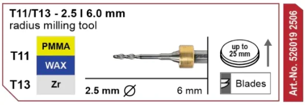 T11/T13 Milling tool - 2.5mm | 6mm Shank (PMMA, Wax, Peek, Zr)