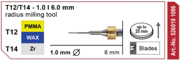 T12/T14 Milling tool - 1.0mm | 6mm Shank (PMMA, Wax, Zr)