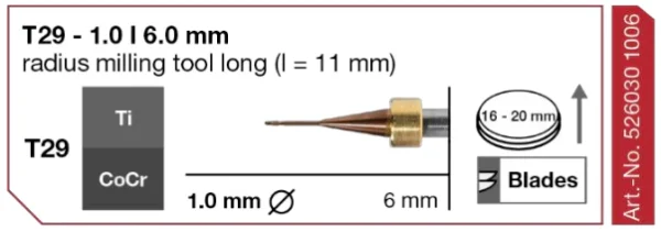 T29 Milling tool - 1.0mm | 6mm Shank - Long (Ti, CoCr)