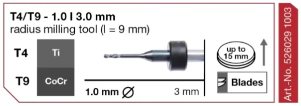 T4/T9 Milling tool - 1.0mm | 3mm Shank (Ti, CoCr)