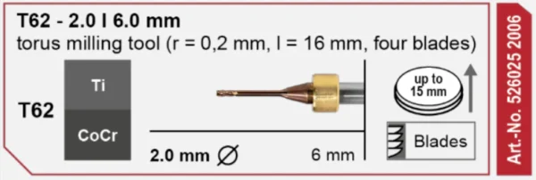 T62 Milling tool - 2.0mm | 6mm Shank (Ti, CoCr)