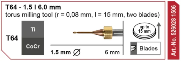 T64 Milling tool - 1.5mm | 6mm Shank (Ti, CoCr)